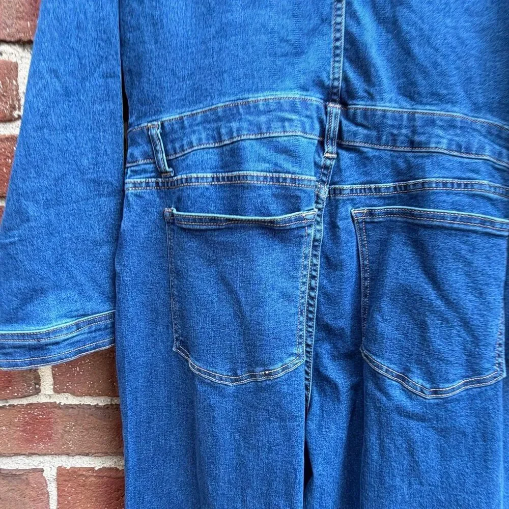 Express Stretch Denim Long Sleeve Button Front Wide Leg Jumpsuit Blue L NEW - Picture 13 of 16